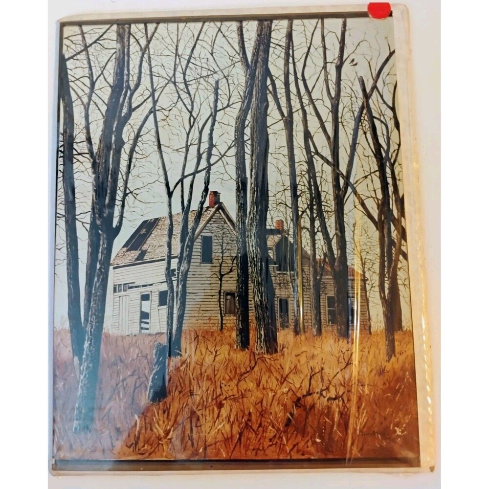 Vintage White Farmhouse Art Print Winter Trees American Realism Landscape Photo